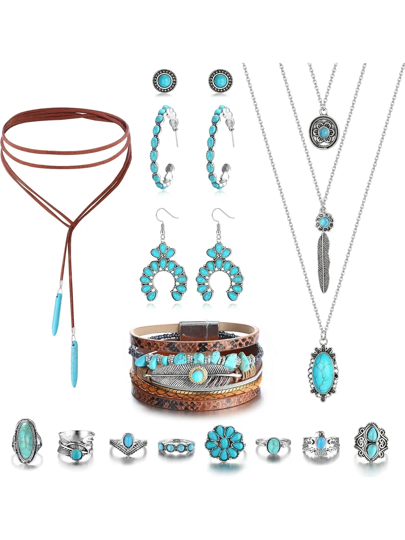 Helicopchain Western Jewelry for Women, Bohemian Style Jewelry Set, Boho Jewelry Set, Turquoise Pendant, Adjustable Choker Necklace, Faux Leather Bracelet, Hoop & Dangle Earrings, Knuckle Rings