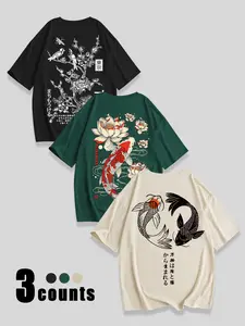 Women's Breathable Casual Everyday T-Shirt, Loose Fit Round Neck Design, Carp Pattern Print, Perfect Summer Fashion Top, Three Piece Set, Tee, Casual Loose Fitted