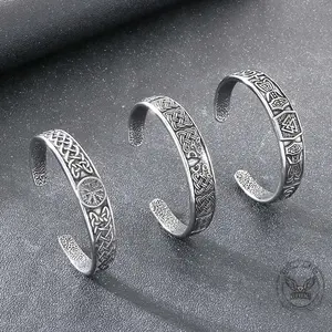 GTHIC Viking Celtic Knot Wolf Head Stainless Steel Open Bracelet Fierce Norse Style Accessory for Parties or Casual Outfits