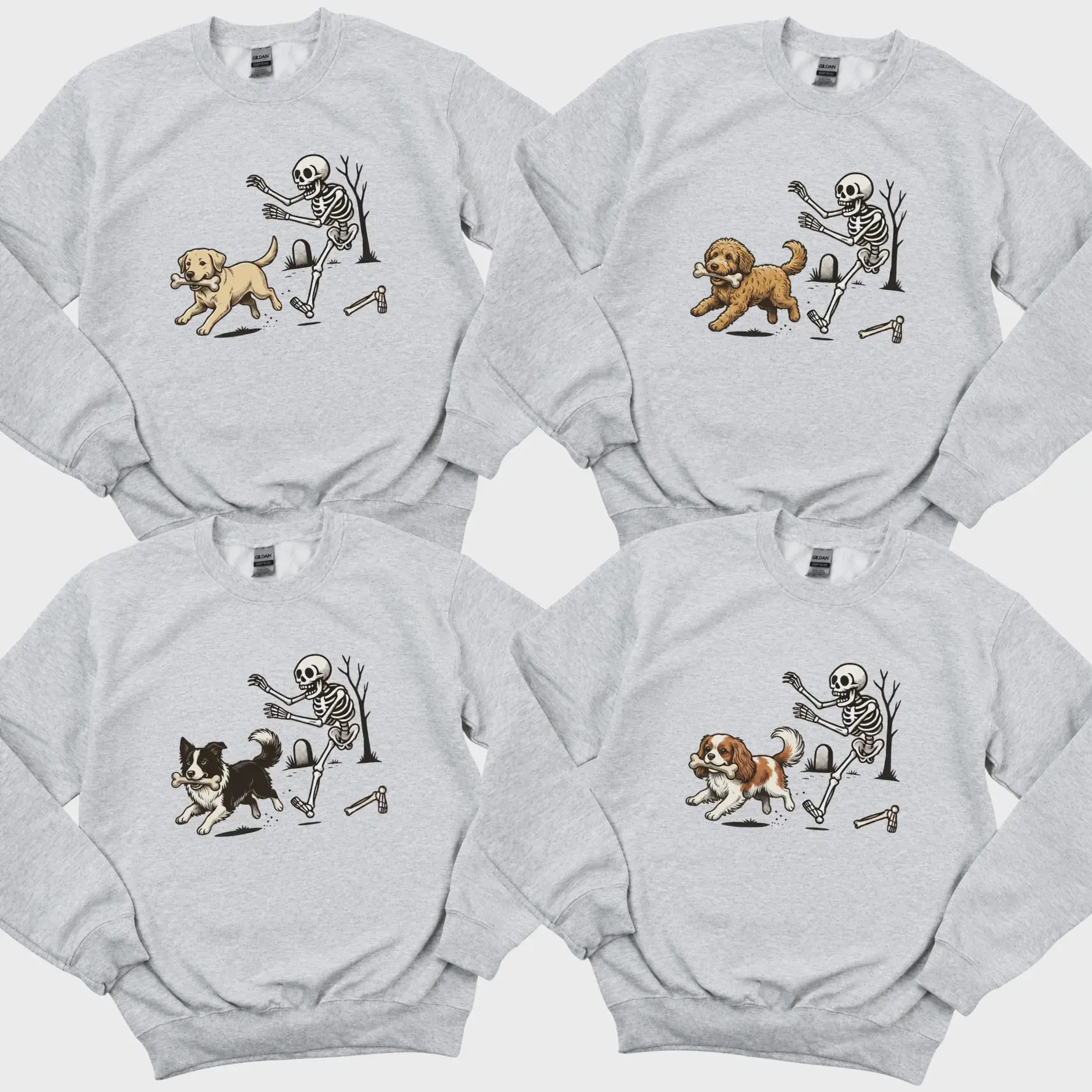 Custom 50+ Dog Breeds Halloween Sweatshirt, Personalized Puppy Skeleton Chasing Dog Crewneck, Funny Spooky Season Pet Lover Sweater, Dog Mom Dog Dad Halloween Gift