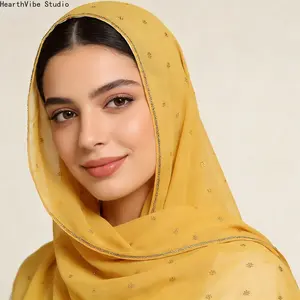 Muslim Women's Elegant Yellow Chiffon Hijab with Gold Embroidery - Soft, Breathable Luxury Headscarf with Hijab Styles for Eid, Wedding & Modest Sports Headband Wear