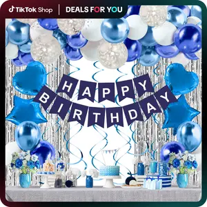 Happy Birthday Balloon Set，Gemstone Blue Silver Rose Gold White and Black Gold Balloon Garland Chain arch kit with foil rain curtain spiral hanging and banner 50 55pcs for Boyfriend's gift Party Decoration