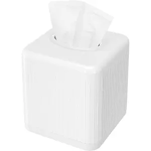 Square Plastic Tissue Box Cover with Base, Modern Decorative Cube Facial Tissue Dispenser Holder for Bathroom Vanity Countertop Living Room Bedroom Office - White