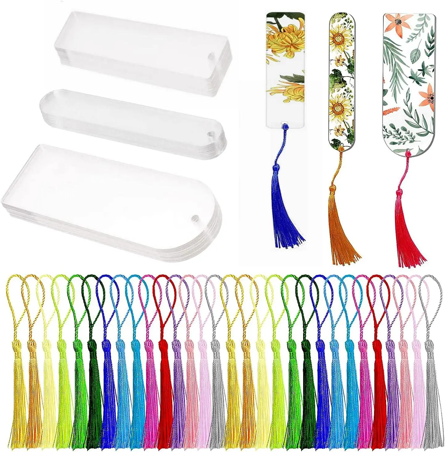 30PCS Acrylic Bookmark Blanks, Clear Acrylic Craft Bookmarks with 30PCS Colorful Tassels, Transparent Rectangle Round Bookmarks Bulk for DIY Crafts
