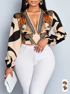 Plus Size Women's Casual All-Season Long Sleeve Short Shirt, Deep V Neck Fitted Top, Full Print Design, Perfect for Daily Wear & Commuting