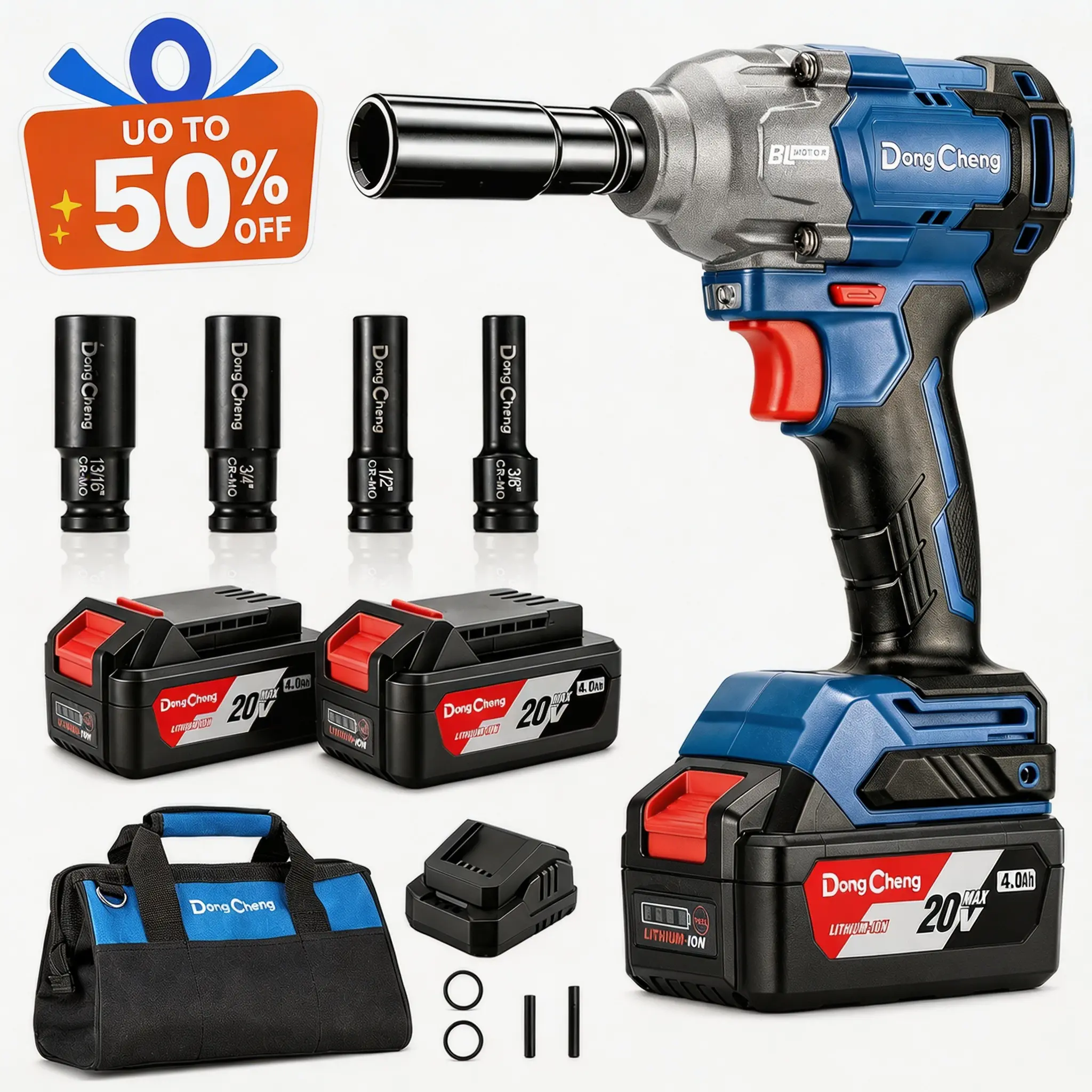 【Tool Renewal Season】20V Heavy Duty Brushless Impact Wrench with Brushless Motor, 5-Year Warranty, 503 ft-lb (682 Nm) Max Torque, 2x4.0Ah Cells Batteries, 1/2" Socket, 3-Speed Settings, 2400 RPM, LED Light, Charger & Kit Bag Full Kit Set, Tire Changes