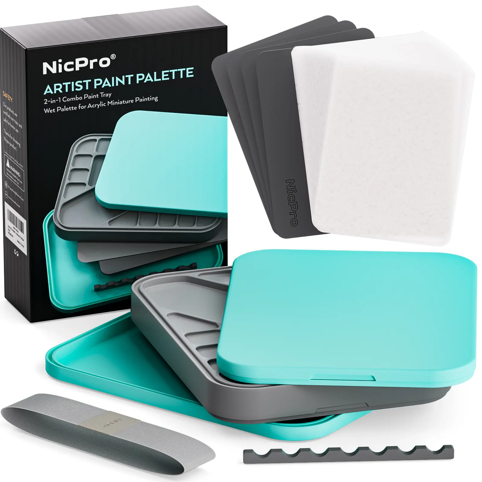 Nicpro Stay-Wet Compact Art Kits - Palette Set with Acrylic Miniature Supplies, Paint Tray, 100-Pack Palette Paper, 4 Sponge Packs, Brush Holder for Model Organization & DIY Painting Supplies
