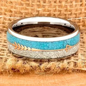Comfort Fit Tungsten Steel Ring with Arrow Design – Elegant Men’s Imitation Turquoise Inlay Ring, Ideal for Weddings & Engagements; Popular Tungsten Ring for Women and Simple Men