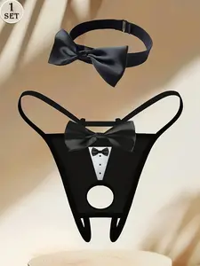 Men's Sexy Thong Underwear with Bow Print and Decor, Lacy Thong Set with Bow Collar, 2 Pieces, Novelty Design