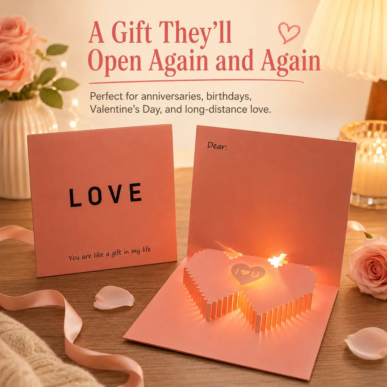 Recordable I Love You Pop-Up Greeting Card, Personalized Voice Message Card with 3D Accordion Heart, Re-Recordable Audio Keepsake Gift for Valentine’s Day, Anniversary, Birthday, Wedding, Girlfriend, Boyfriend, Wife or Husband