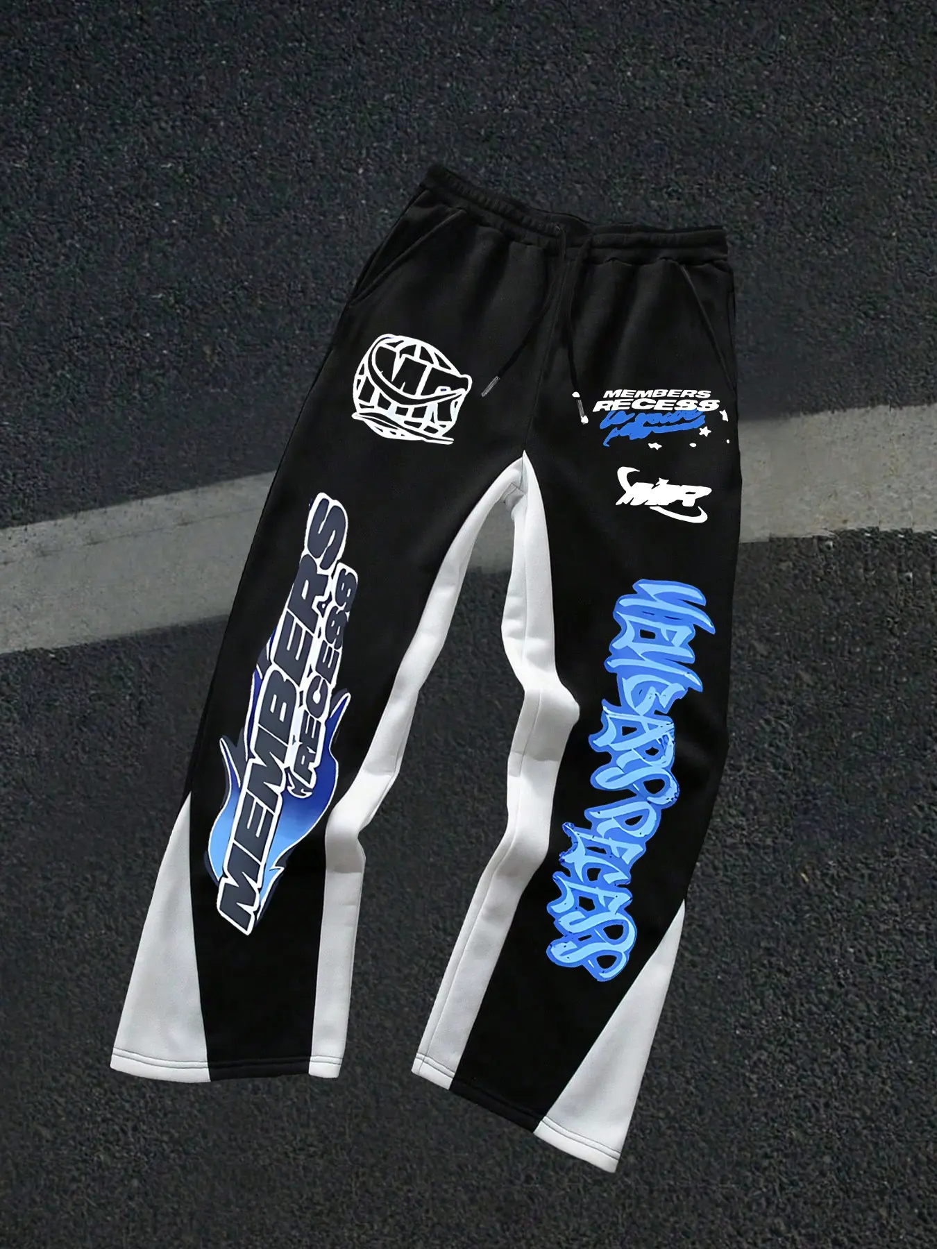 Men's Casual Flare Pants, Colorblock Long Trousers, Members Recess Graffiti, Side Geometric Patchwork, Drawstring Waist