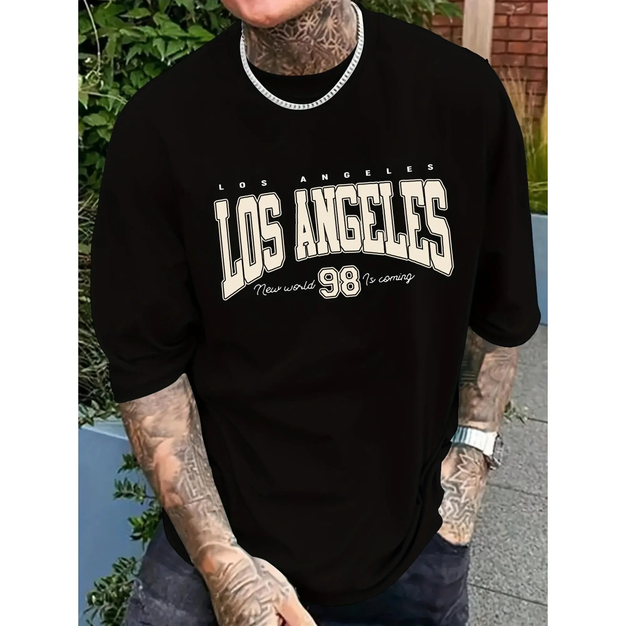 Men's Shortsleeve Tops with Los Angeles Graphic, Crew Neck Regular Cut Polyester Elastane Blend for Summer, Polyester Blend, Light Stretch, Graphic Print, Casual, Knit, Dry Clean, T-Shirt, No, Round