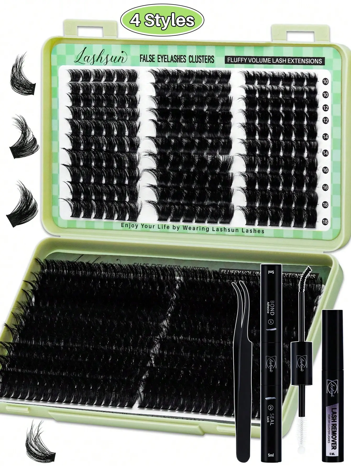 540pcs D Curl 4 Styles 10-18mm/14-22mm Mixed Length Fluffy Volume Cluster Lashes Kit Soft And Comfortable False Eyelashes Long-Lasting Lashes Kit With Lash Bond&Seal Lash Remover And Tweezers Eyelash At Home For Daily Life&Dates And Party