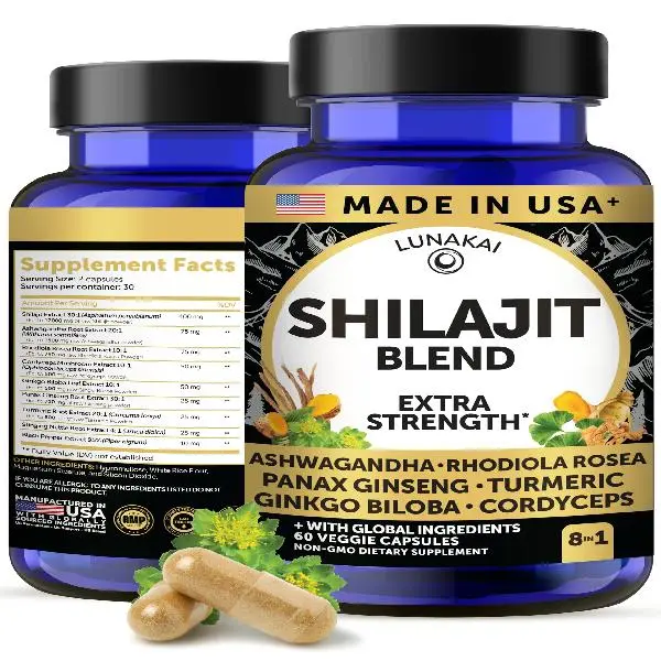 Lunakai USA Made Pure Shilajit Capsules with Ashwagandha, Rhodiola & Cordyceps - Extra Strength Shilajit Extract for Men & Women, 60ct