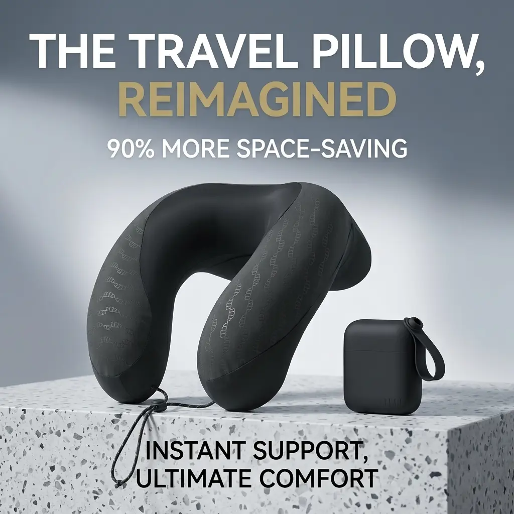 Ultra-Compact Inflatable Travel Pillow | 90% Space-Saving Pocket-Sized Neck Pillow with Built-in Pump, R-3 Ergonomic Support for Airplanes, Cars, and Office Naps
