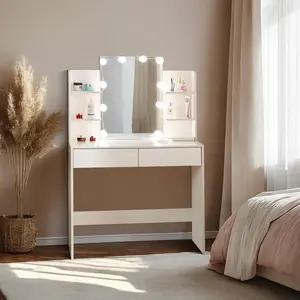 Homy Casa Slan White Vanity Desk with LED Lighted Mirror & Outlets Makeup Table with Drawers Shelves Glossy Finish Oak Finish for Bedroom Beauty Studio or Small Space Hollywood Style Dressing Table for Girls & Women Glam Room Setup