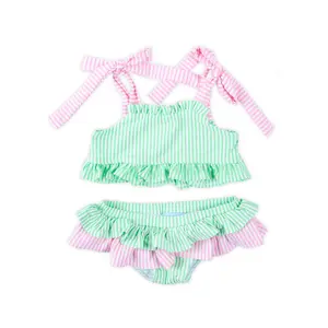 Santorini Green & Pink Stripe Two Piece Swimsuit - Girls Bikini with Ruffle Bottoms