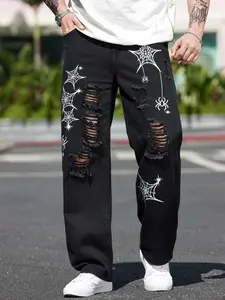 Spider Web Paris Style High Street Hip Hop Graffiti Straight Leg Jeans, Loose Fit Denim Jeans for All Seasons, Trendy Street Dance Long Trousers