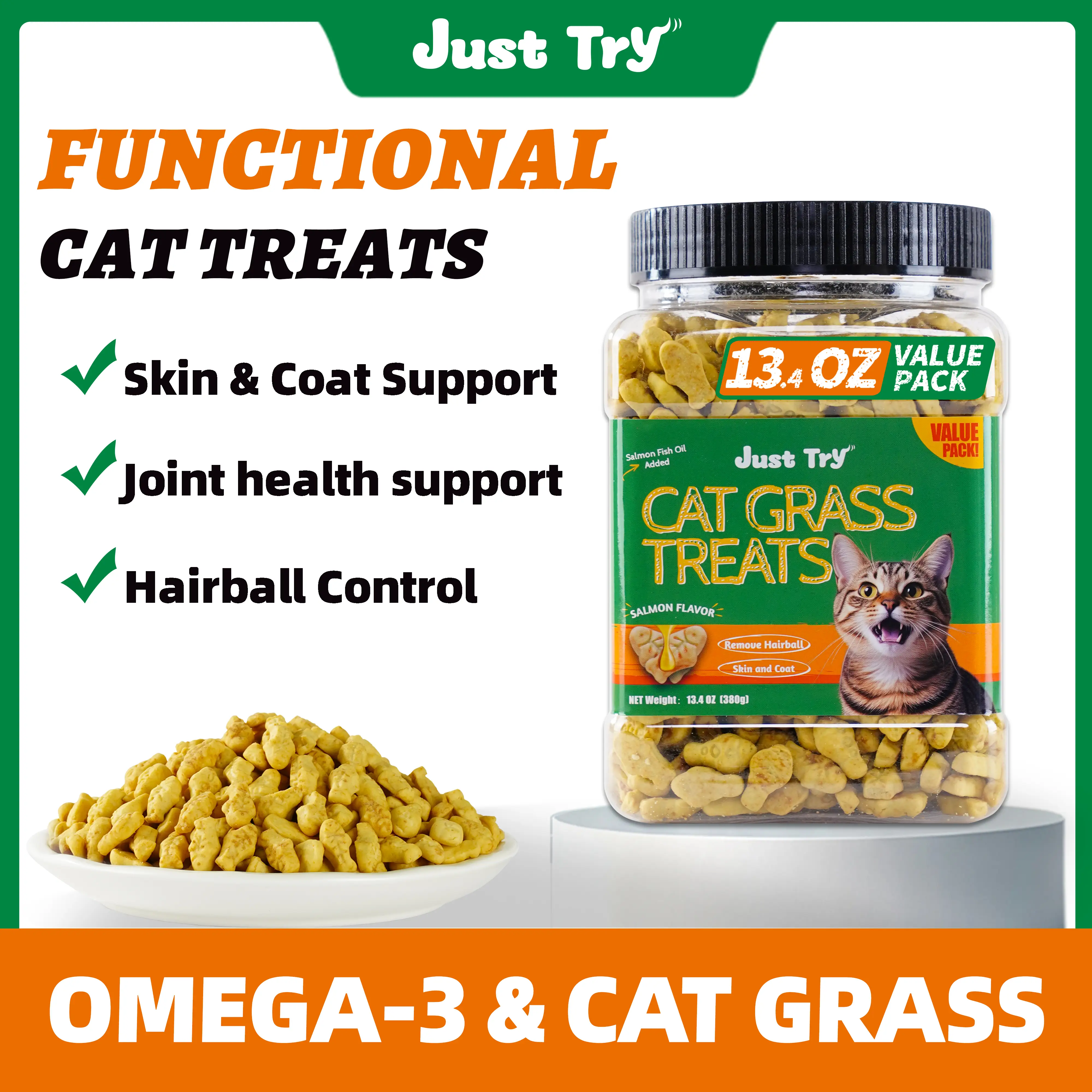 JUST TRY-13.4 0Z Cat Treats Salmon Oil Cat Treats with Cat Grass Natural Salmon Flavor Kitten Healthy Cat Treats Training Biscuits Snacks Fish Oil O