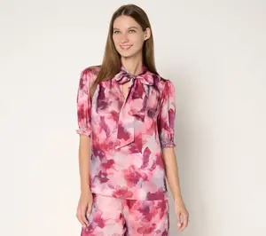 Susan Graver Printed Satin Twill Bow Neck Elbow Sleeve Blouse