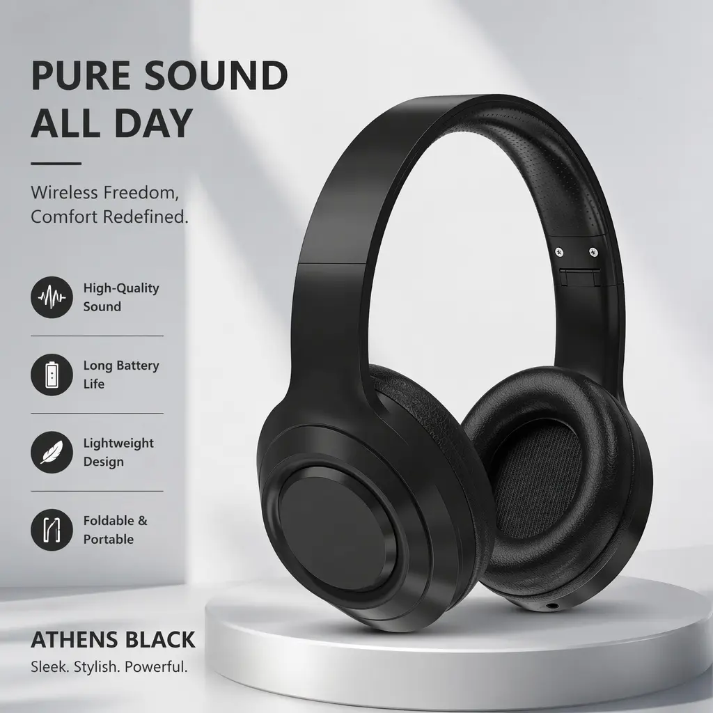 Noise Cancelling Headphones, Wireless Bluetooth Over-Ear High Quality Headphones with Mic, Deep Bass Hi-Fi Stereo Audio, 40H Playtime, Foldable Lightweight Multi-Device Headset for iOS/Android/PC (Black)