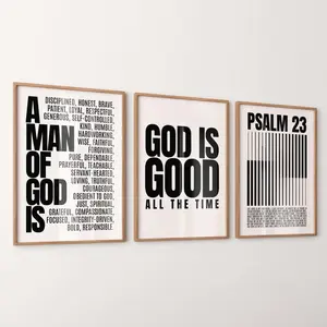 Set Of 3 Christian Faith Wall Art Unframed HD Print, God Is Good Psalm 23 Man Of God Posters, Bible Verse Home Decor Gift