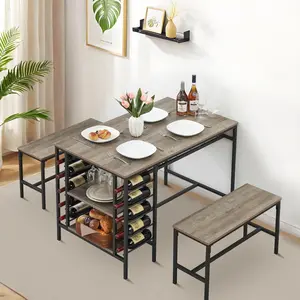 Garvee Dining Table Set for 4 People, Kitchen Table for 4 with 2 Benches, 3 Pieces, Small Apartment Dining Table, Gray