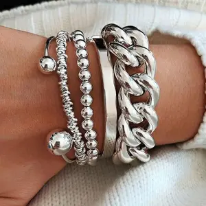 5-Piece Fashion Chain Style Open Cuff BraceletSet,Stackable Design,Fashion Accessories for Women & Men, CubanChain Bracelets, Trendy Jewellery Accessories