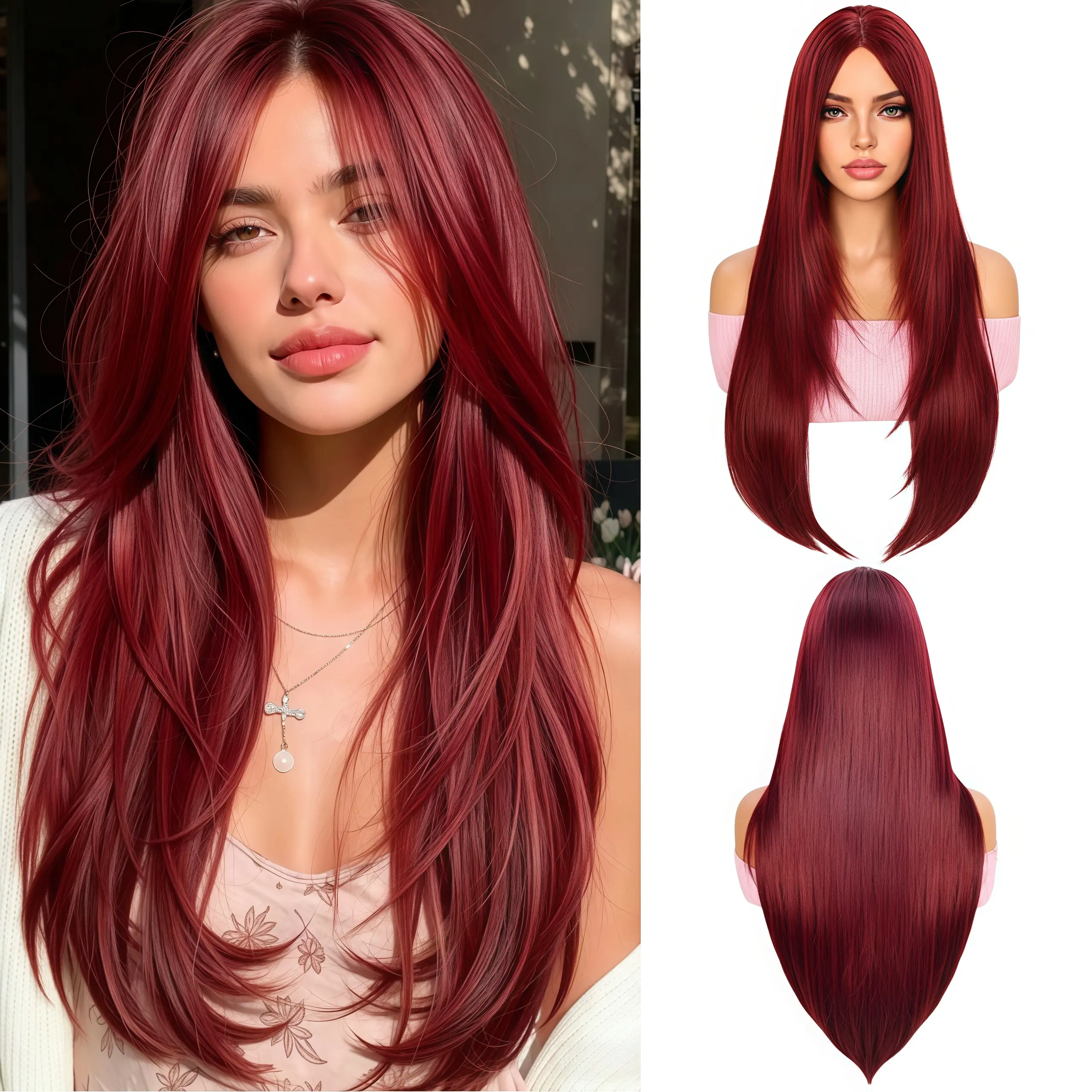 99J Burgundy Long Straight Layered Wigs for Women, 26 Inch Wine Red Middle Part Synthetic Hair Wig with Natural Hairline, Heat Resistant Fiber, No Glue Needed, Perfect for Daily Wear/Party/Cosplay, Synthetic Wigs, Glueless Wig