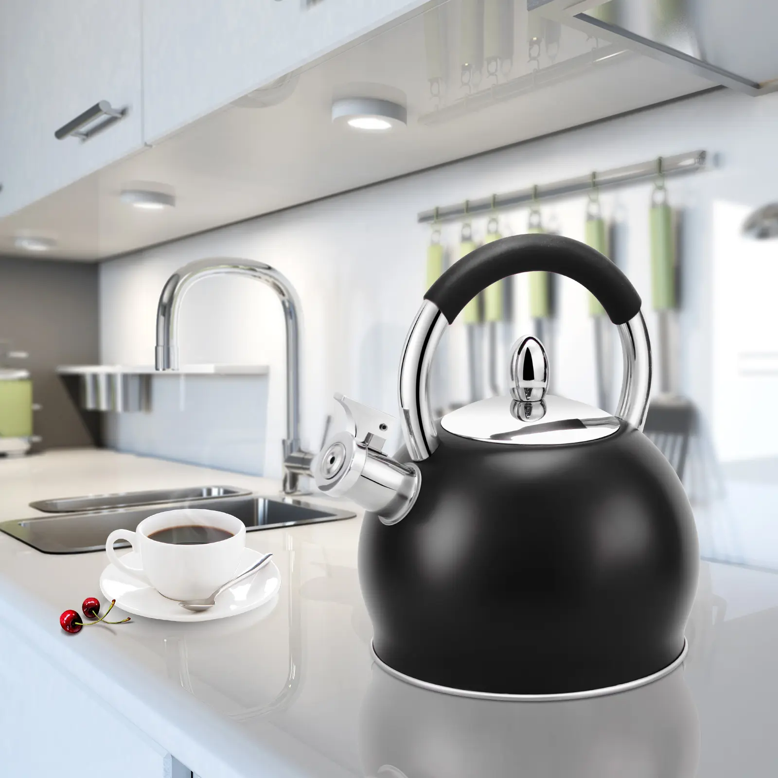 Modern Black Stainless Steel Kettle with Ergo Handle, Overflow Safety Feature for Kitchen, Home Use