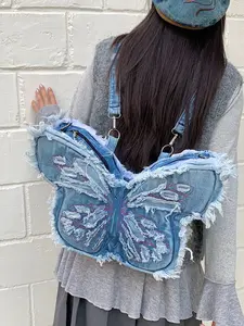 Women's Unique Design Washed Denim Bag Butterfly Shape Punk Style Shoulder Crossbody Backpack All Seasons Casual Trendy Versatile Bag Stylish Bag