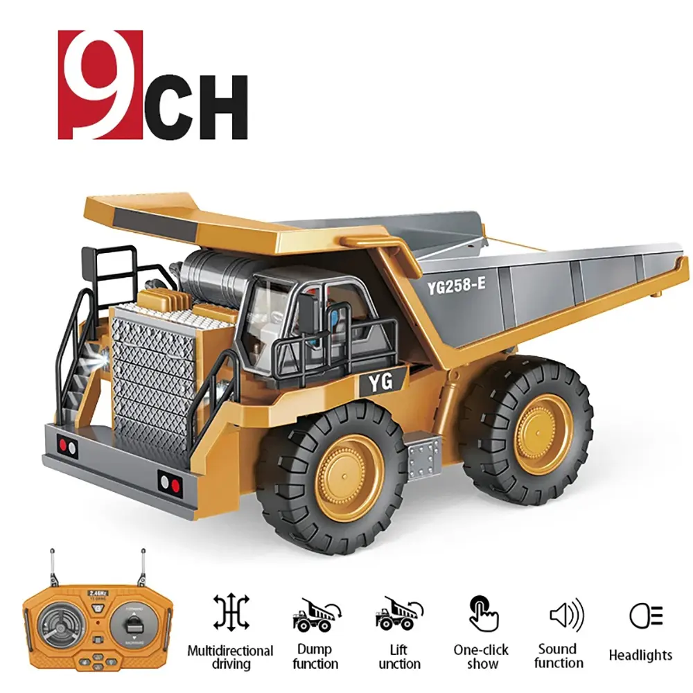 【2025 Hot】9CH RC Construction Truck Set - Alloy Truck Bed Feels Solid, Metal Dumping Function, LED Lights, 360-Degree Rotation, 30 Minutes Per Battery | Rechargeable Remote Control Toy for Kids Ages 3-12 | Christmas-Ready Gift Idea