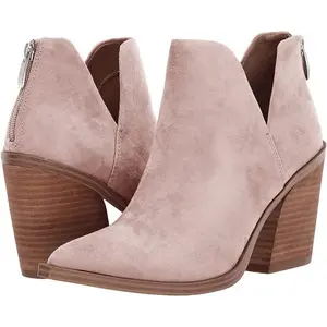 Coutgo Womens Pointed Toe Stacked Mid Heel Ankle Boots V Cut Back Zipper Faux Leather Booties