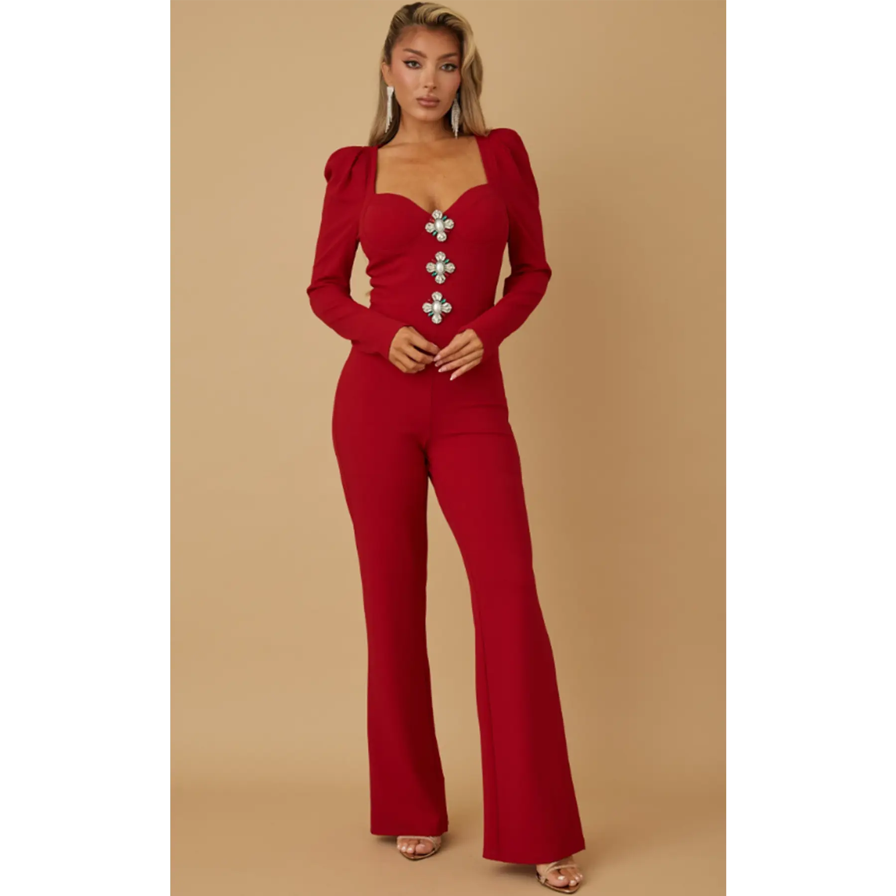LONG SLEEVE THREE OVAL MULTI STONE JUMPSUIT bodyshaping jumpsuit Comfort Fabric