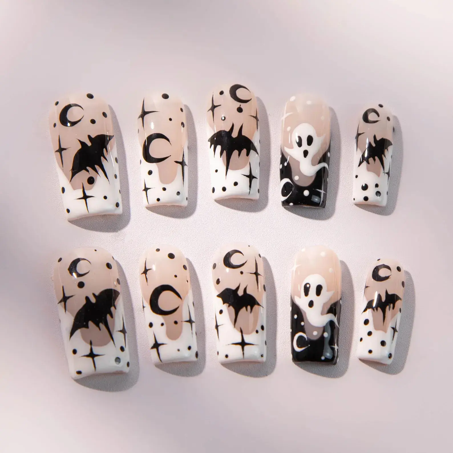 3D Hand-Painted Halloween Press-On Nails - Spooky Ghost, Starry Sky Nail Art Decorations for Beauty & Personal Care