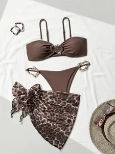 Women's Solid Swim Bra Bikini Top & Bottom & Leopard Print Cover Up Skirt Bikini Set, Casual Swimsuit Three-piece Set, Ladies Swimwear for Beach Holiday Vacation, Swimsuits Summer, Leopard Print Bikinis