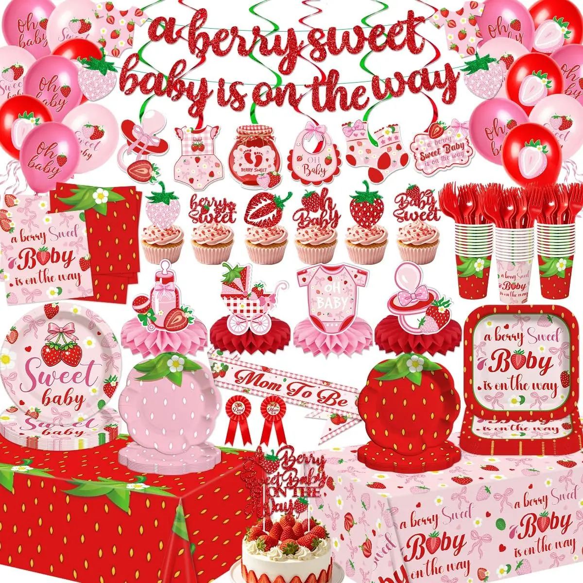 211pcs Strawberry Baby Shower Decorations, All-In-1 Serve 26 | Berry Sweet Baby Shower Plates and Napkins Banner Cups Tablecloth Balloon for A Berry Sweet Baby is on The Way Decor