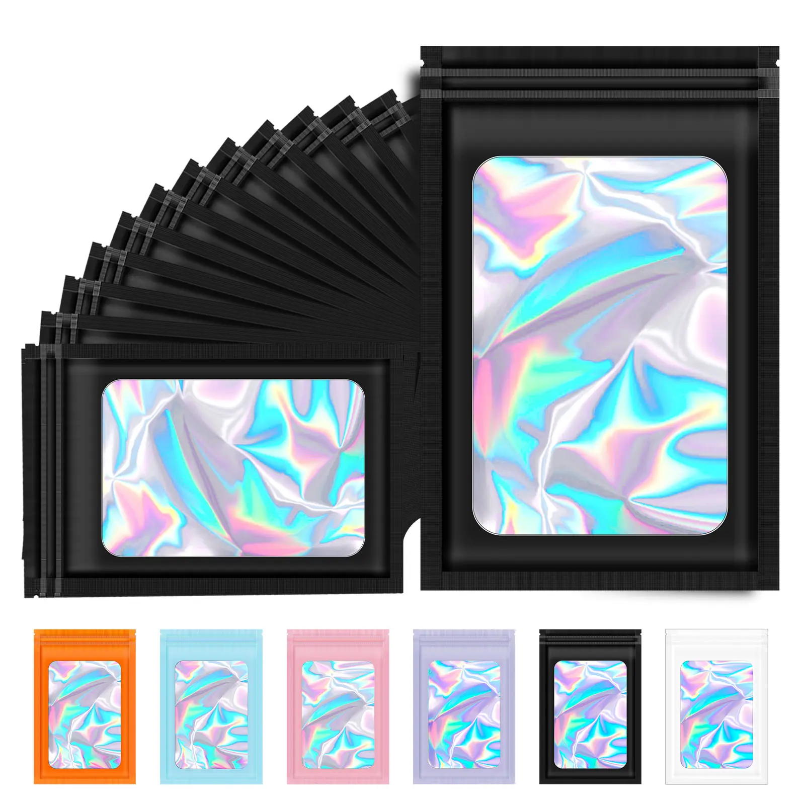 100PCS Holographic Mylar Bags with Clear Window, Resealable Foil Packaging Bags for Snacks, Candy, Jewelry, Small Business & Party Favors
