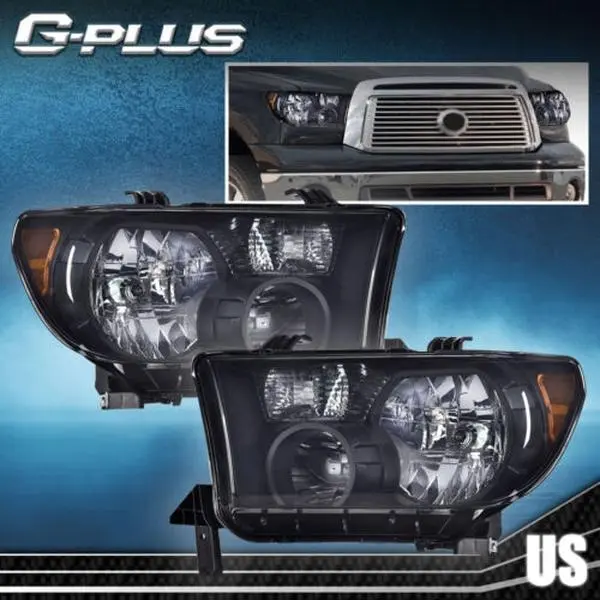 G-PLUS Smoke Lens Black Headlight Assembly - Vehicle-Specific Fit Aftermarket Lighting Assemblies & Components, Bolt-On Install Car Headlights for 2007-2013 Toyota Tundra, 2008-2017 Sequoia Trucks Exterior Upgrade, Aftermarket Headlights Lighting Assembli