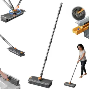 2026 New 3-in-1 Adjustable Long-Handle Cleaning Brush, Long Handle Floor Scrub Brush Adjustable, 360° Rotating V-Shaped Grout Brush, Includes Squeegee, Suitable for Bathrooms and Kitchens