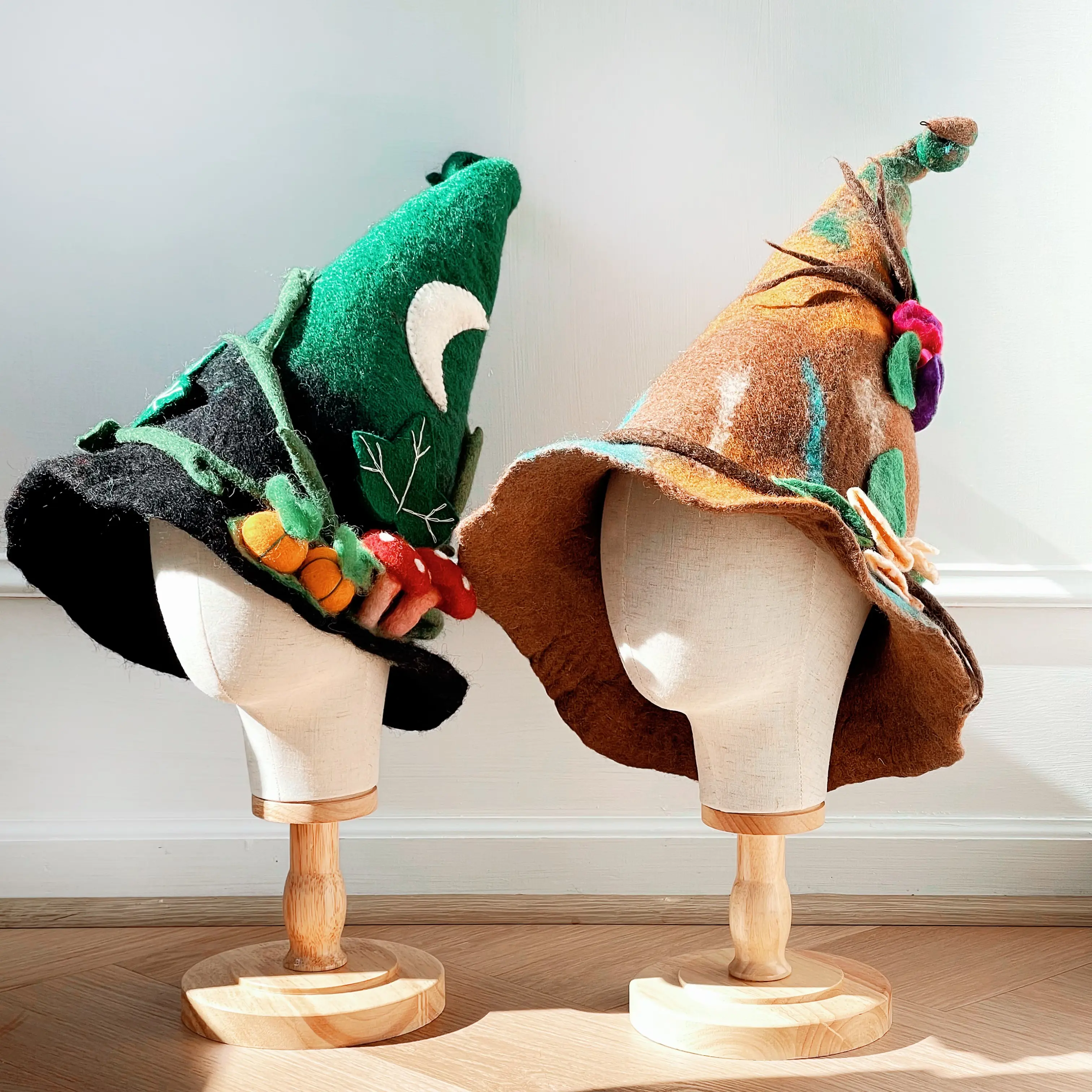 WOOLFOO Enchanted Hats Handmade Wizard Witches Wool Felt Hat with Colorful Embellishments and Unique Designs for Halloween Holiday  Mushroom Elf Cosmic Rainbow  Theme