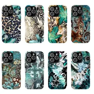 8 Styles Vintage Teal Leopard Print Aesthetic Phone Case Leopard Zebra Butterfly Vintage Collage Art Phone Case, Boho Patchwork Tough Case Collection, Suitable for iPhone 17-11 Pro Max/Plus and Samsung Galaxy S23-25