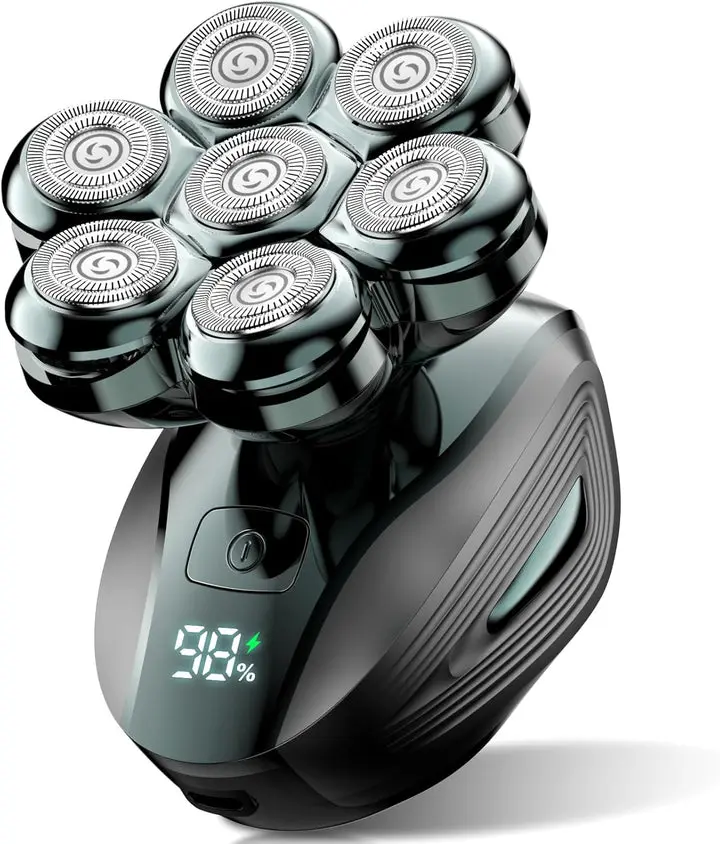 7D Floating Head Shaver for Bald Men | IPX7 Waterproof Electric Razor with Easy-Clean Magnetic Head | Wet/Dry Cordless Bald Head Shaving Kit with LED Display
