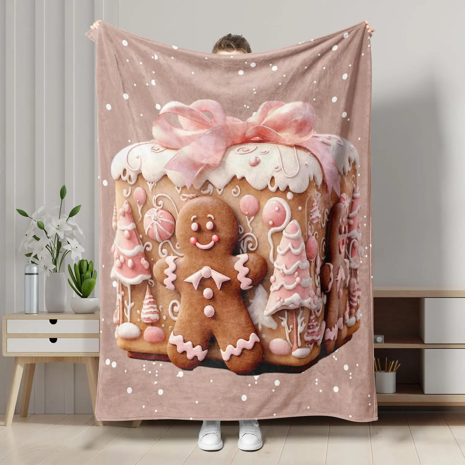 Christmas Throw Blanket Gingerbread Man Cartoon Pink Soft Flannel Indoor Decor Comfort Blankets for Living Room Bedroom Fluffy Warm Cozy Bedding Decorations