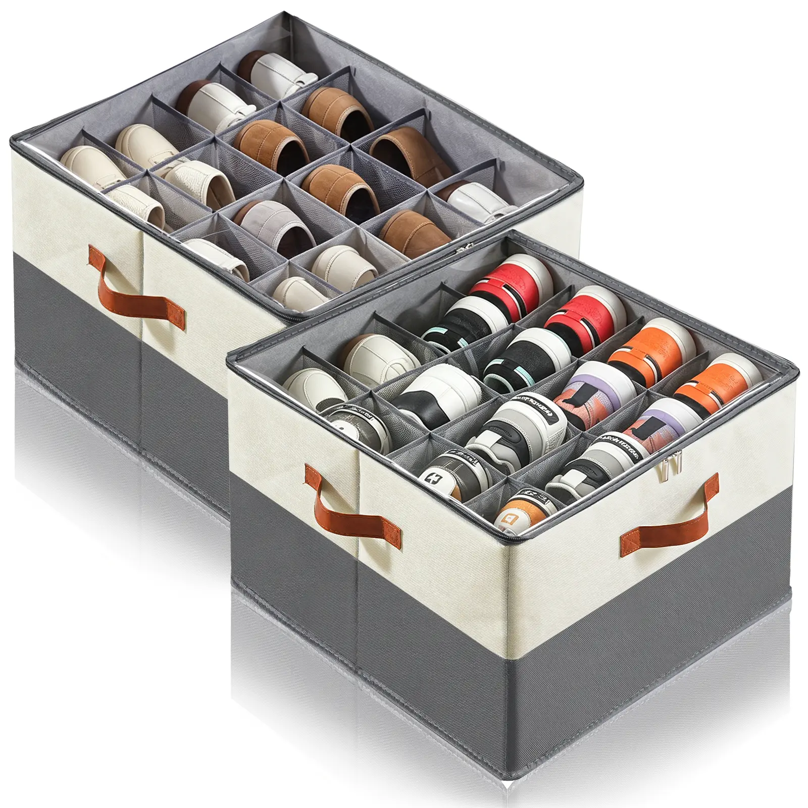 Fabric Shoe Storage Organizer with Lid, Expandable Shoe Boxes, Mesh Compartments, Dustproof PVC Cover, 17x17x12.5in Patchwork Design, Shelf-Compatible, Holds 16-32 Sneakers, ADHD Organizer,dorm essentials,home decor