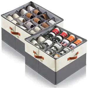 Father's Day Gift - Fabric Shoe Storage Organizer with Lid, Expandable Shoe Boxes, Mesh Compartments, Dustproof PVC Cover, 17x17x12.5in Patchwork Design, Shelf-Compatible, Holds 16-32 Sneakers