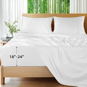 100% Viscose Derived from Bamboo_Sheets, Deep Sheets Fits 18"-24" Thick Mattress, Cooling & Breathable Bed Sheets 4Pcs, Hotel Bedding Set (Queen,White)