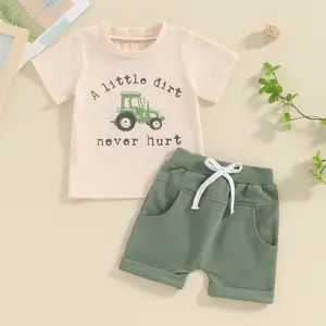 Toddler Baby Boy Summer Clothes Tractor Letter Print Short Sleeve Round Neck T-Shirt Tops Pockets Casual Shorts Set Infant 2Pcs Outfits