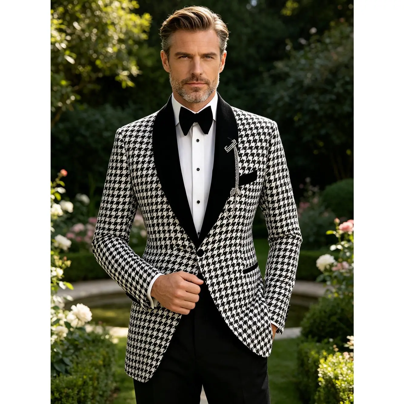 Men’s 2-Piece Classic Houndstooth Velvet Formal Suit Set - Soft Rayon-Polyester Fabric, Plush Long-Sleeve Buttons Blazer, Straight Pants, Holiday Formal Wear for Mature Gentlemen