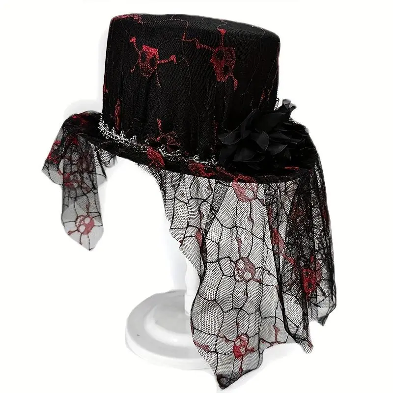 Spooky Gothic Skull Lace Veiled Party Hat - Black Mesh Veil, Crimson Skull Print, Lacy Accessory for Halloween, Christmas, Holiday Festive Party Supplies